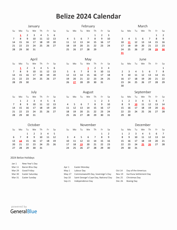 2024 Yearly Calendar Printable With Belize Holidays