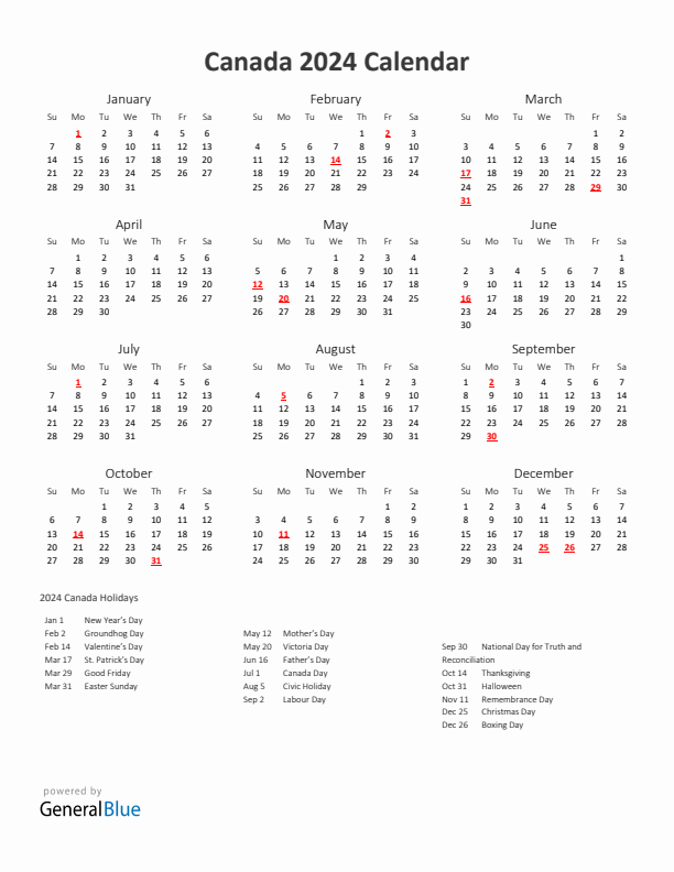 2024 Yearly Calendar Printable With Canada Holidays