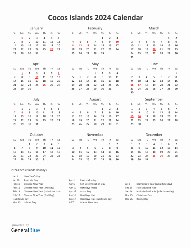 2024 Yearly Calendar Printable With Cocos Islands Holidays