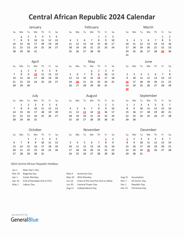 2024 Yearly Calendar Printable With Central African Republic Holidays