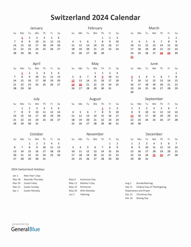 2024 Yearly Calendar Printable With Switzerland Holidays