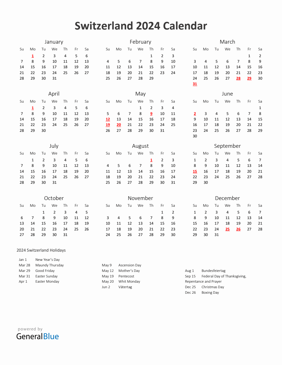 2024 Yearly Calendar Printable With Switzerland Holidays