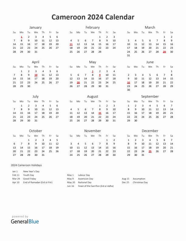 2024 Yearly Calendar Printable With Cameroon Holidays