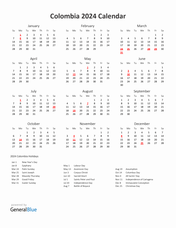 2024 Yearly Calendar Printable With Colombia Holidays