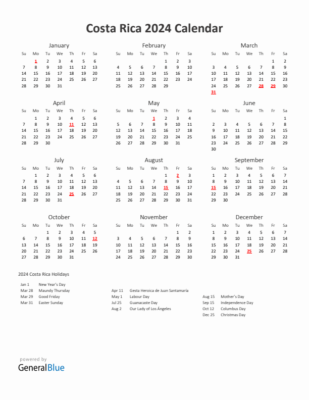 2024 Yearly Calendar Printable With Costa Rica Holidays