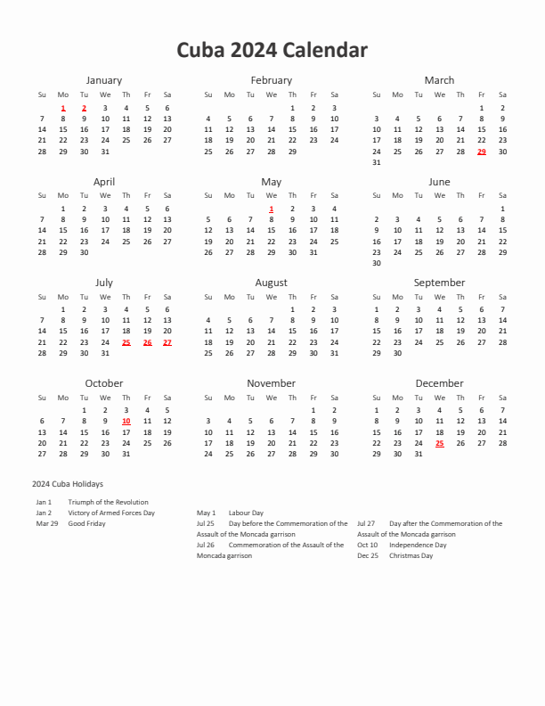 2024 Yearly Calendar Printable With Cuba Holidays