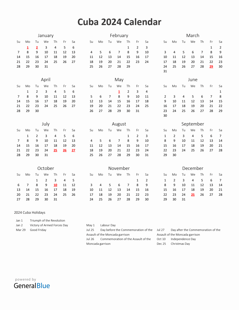 2024 Yearly Calendar Printable With Cuba Holidays