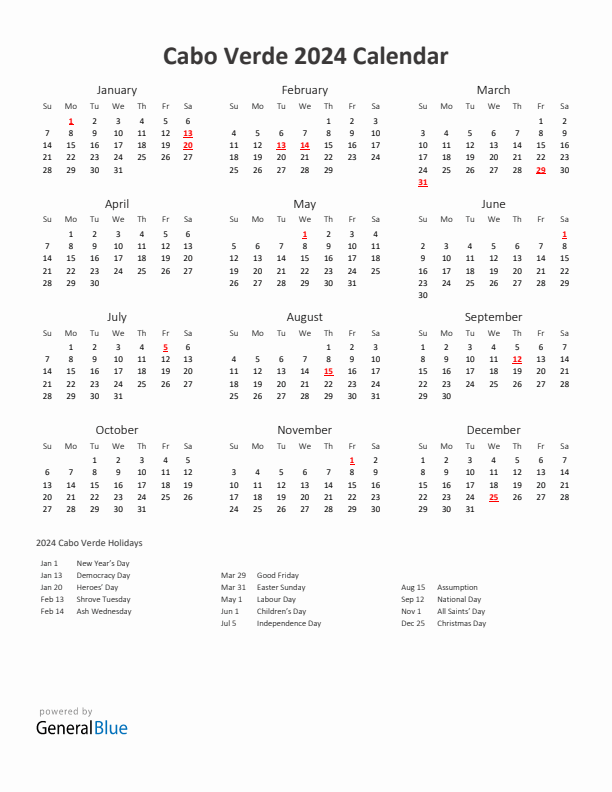 2024 Yearly Calendar Printable With Cabo Verde Holidays