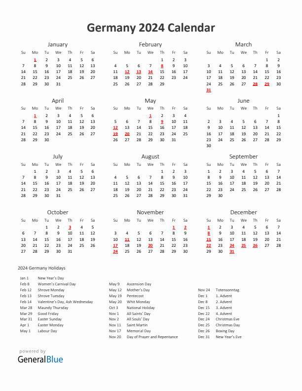 2024 Calendar Printable With Holidays Portrait Sunday Start En De 612x792 