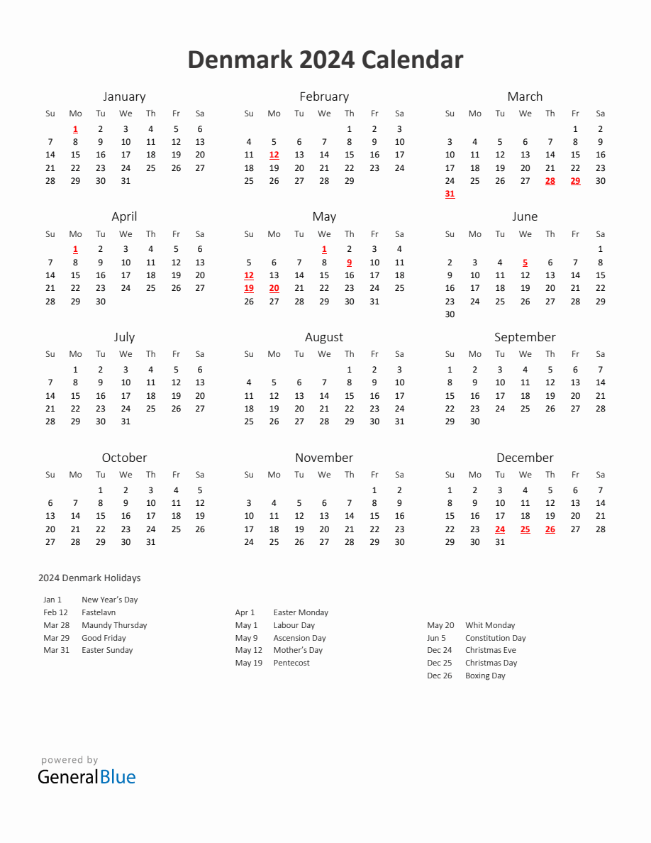 2024 Yearly Calendar Printable With Denmark Holidays