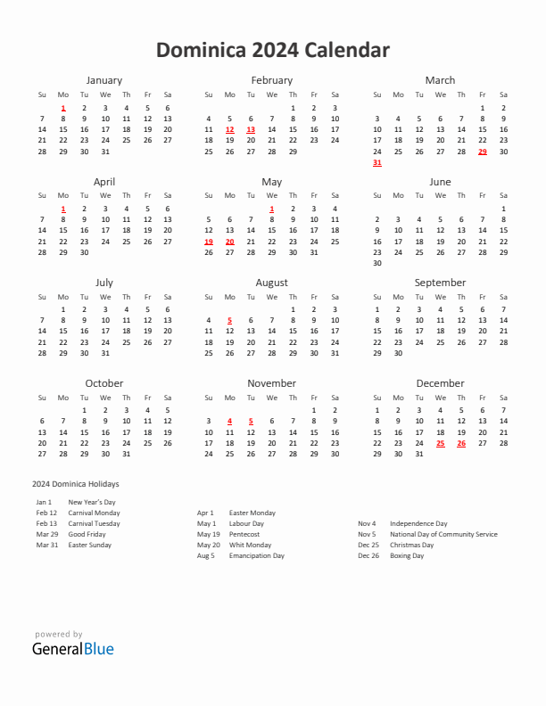 2024 Yearly Calendar Printable With Dominica Holidays