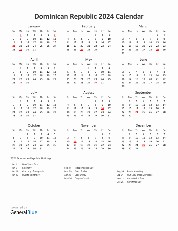 2024 Yearly Calendar Printable With Dominican Republic Holidays