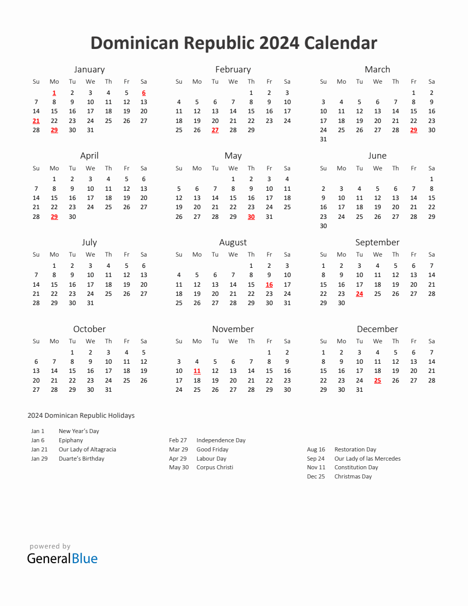 2024 Yearly Calendar Printable With Dominican Republic Holidays