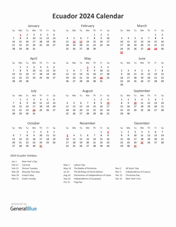 2024 Yearly Calendar Printable With Ecuador Holidays