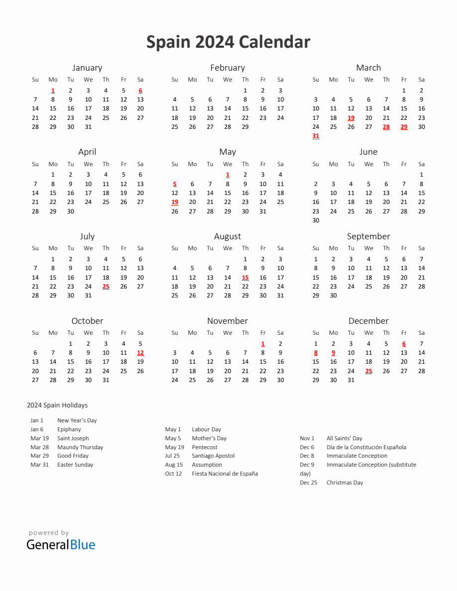 2024 Yearly Calendar Printable With Spain Holidays