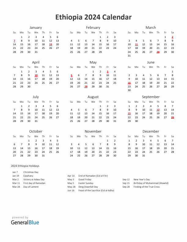 2024 Yearly Calendar Printable With Ethiopia Holidays