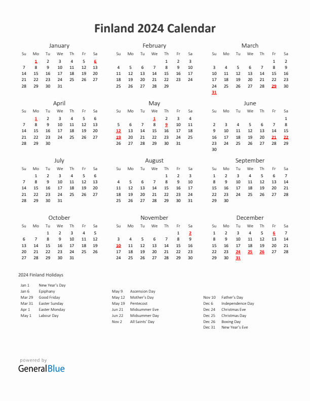 2024 Yearly Calendar Printable With Finland Holidays