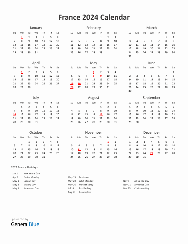 2024 Yearly Calendar Printable With France Holidays