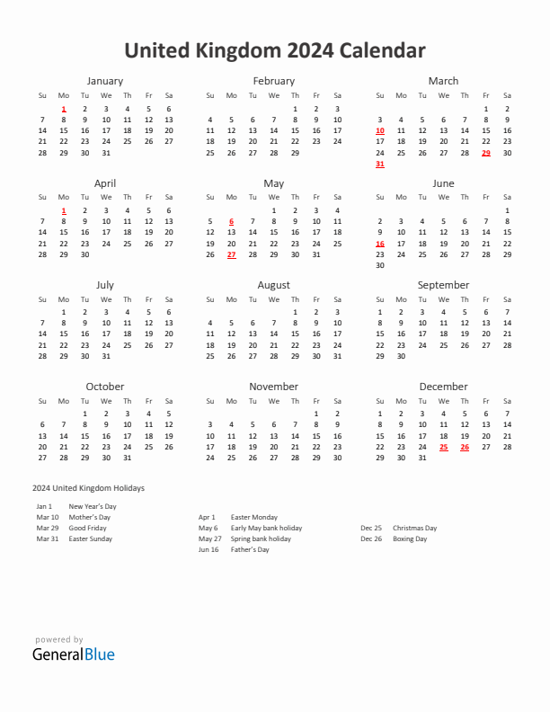 2024 Yearly Calendar Printable With United Kingdom Holidays