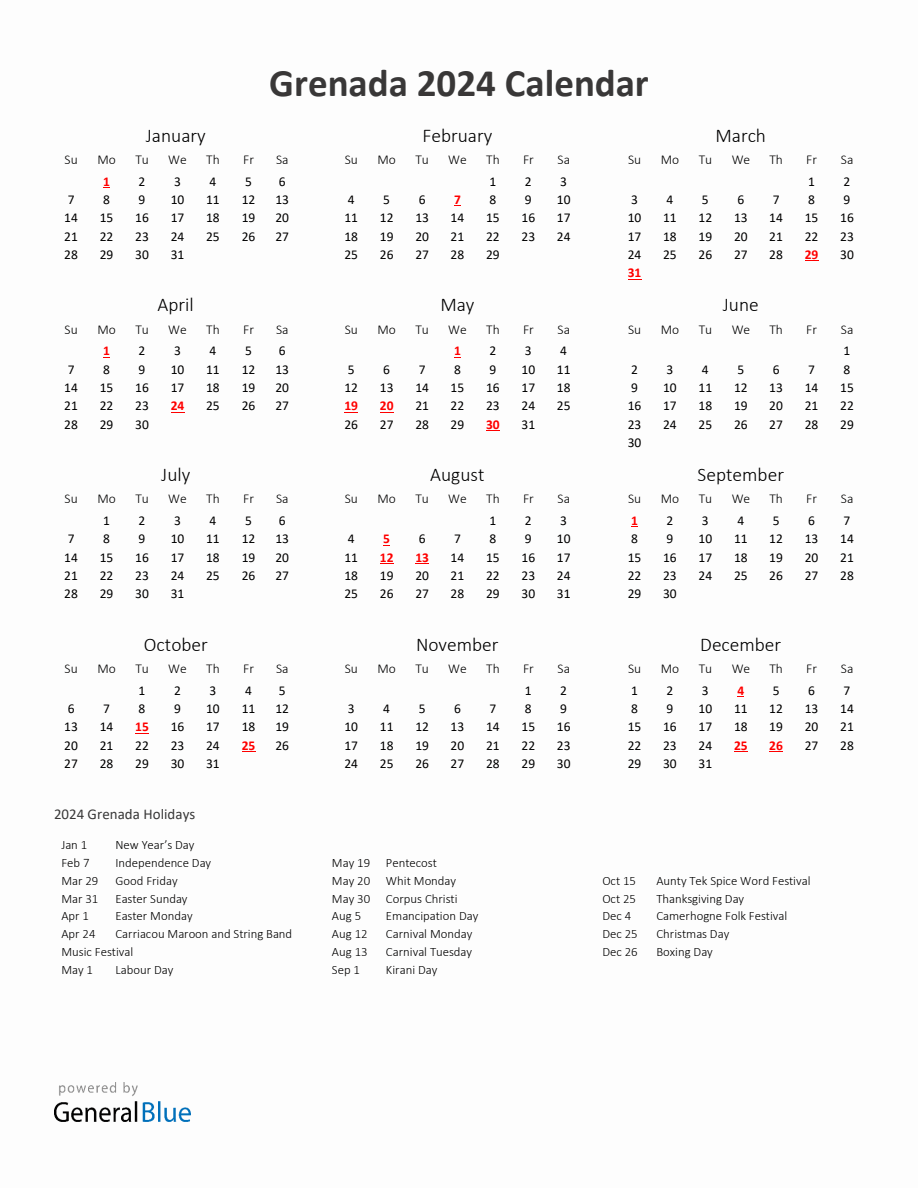 2024 Yearly Calendar Printable With Grenada Holidays