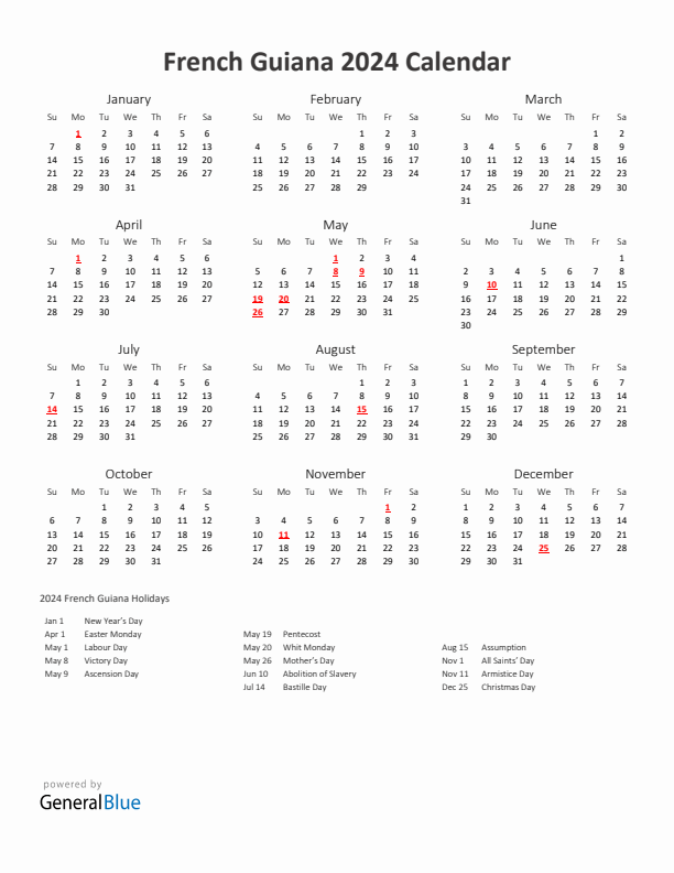 2024 Yearly Calendar Printable With French Guiana Holidays