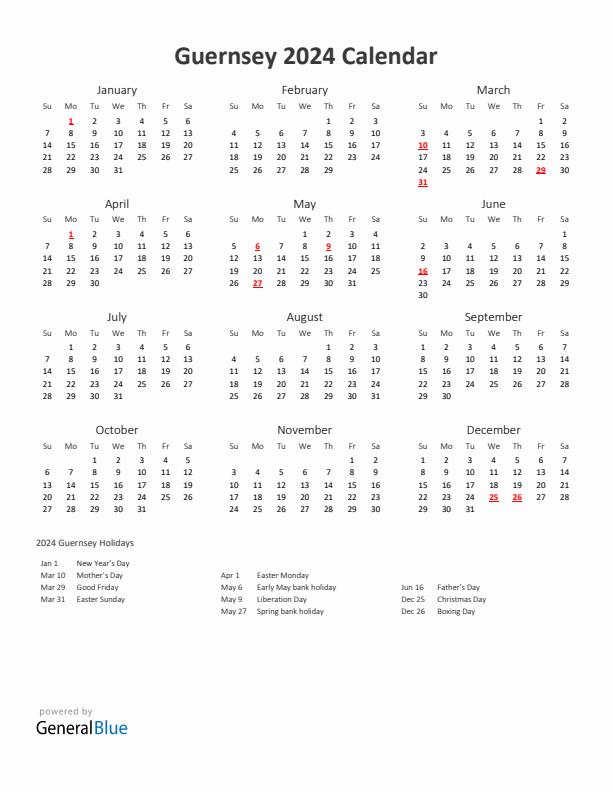 2024 Yearly Calendar Printable With Guernsey Holidays