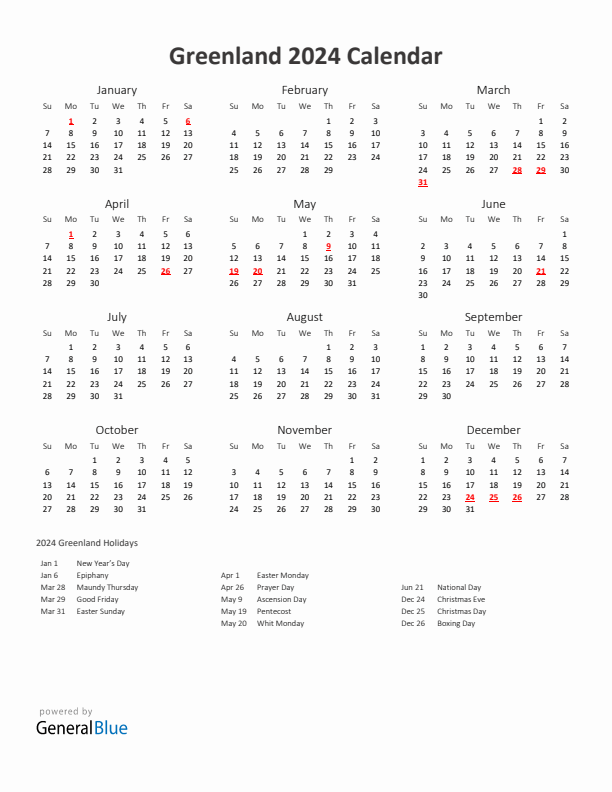 2024 Yearly Calendar Printable With Greenland Holidays