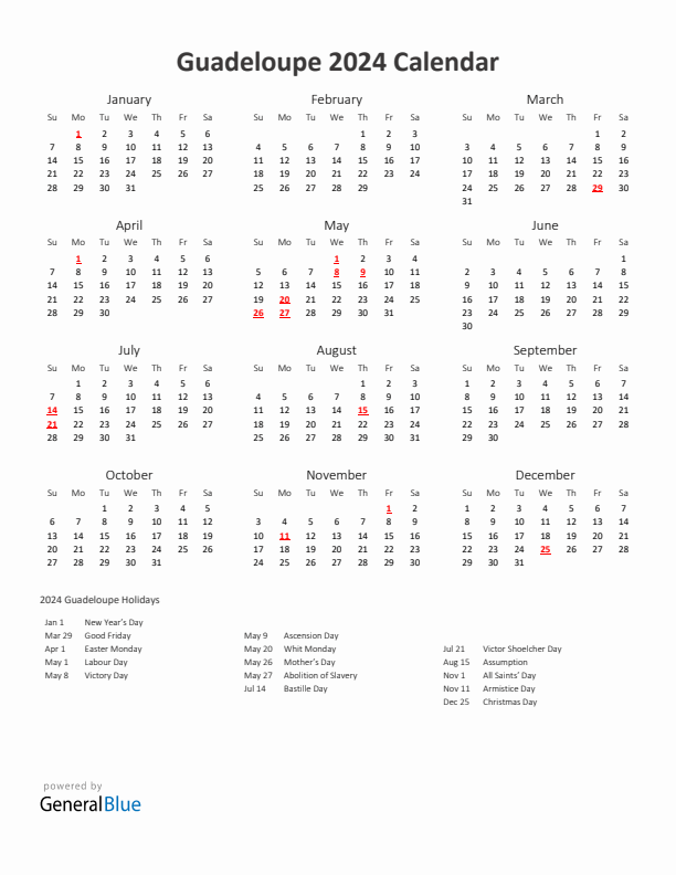 2024 Yearly Calendar Printable With Guadeloupe Holidays