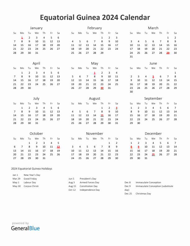 2024 Yearly Calendar Printable With Equatorial Guinea Holidays