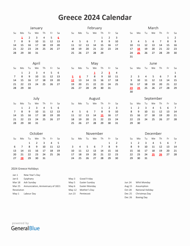 2024 Yearly Calendar Printable With Greece Holidays