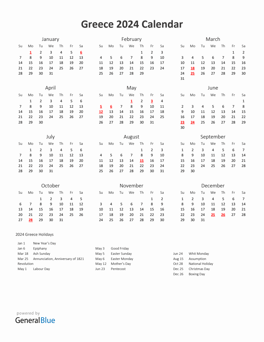 2025 Yearly Calendar Printable With Greece Holidays