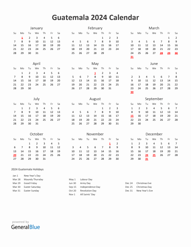 2024 Yearly Calendar Printable With Guatemala Holidays