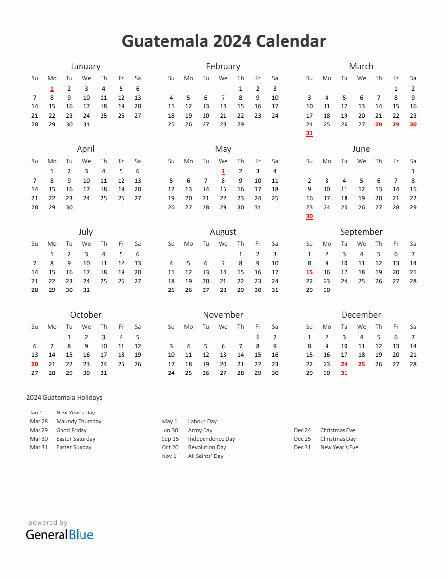 2024 Yearly Calendar Printable With Guatemala Holidays