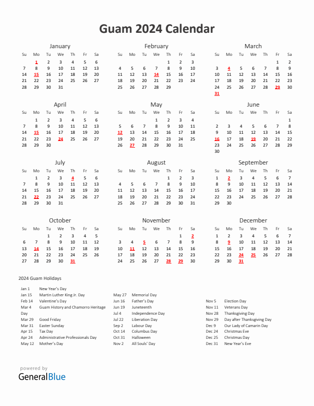 2024 Yearly Calendar Printable With Guam Holidays