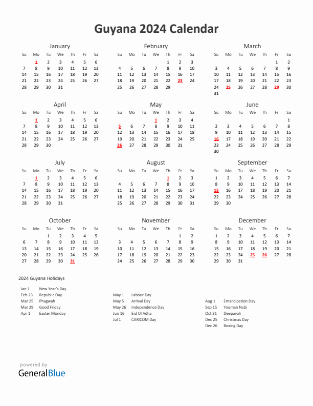 2024 Yearly Calendar Printable With Guyana Holidays