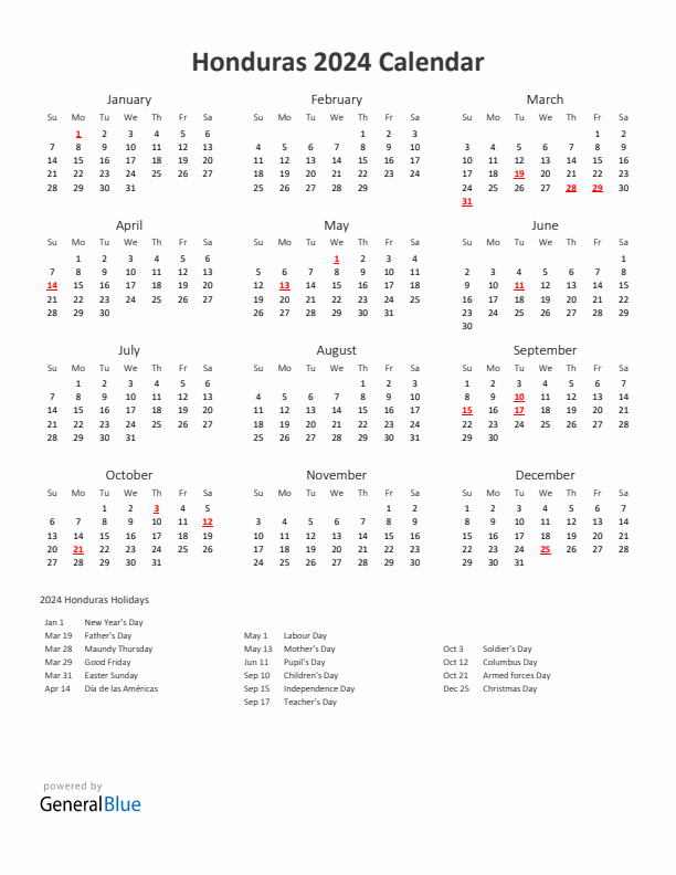 2024 Yearly Calendar Printable With Honduras Holidays