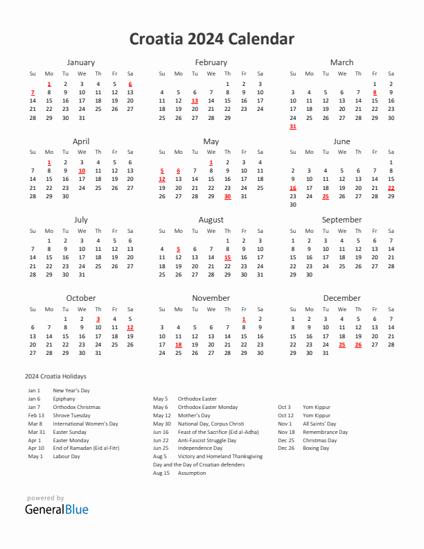 2024 Yearly Calendar Printable With Croatia Holidays