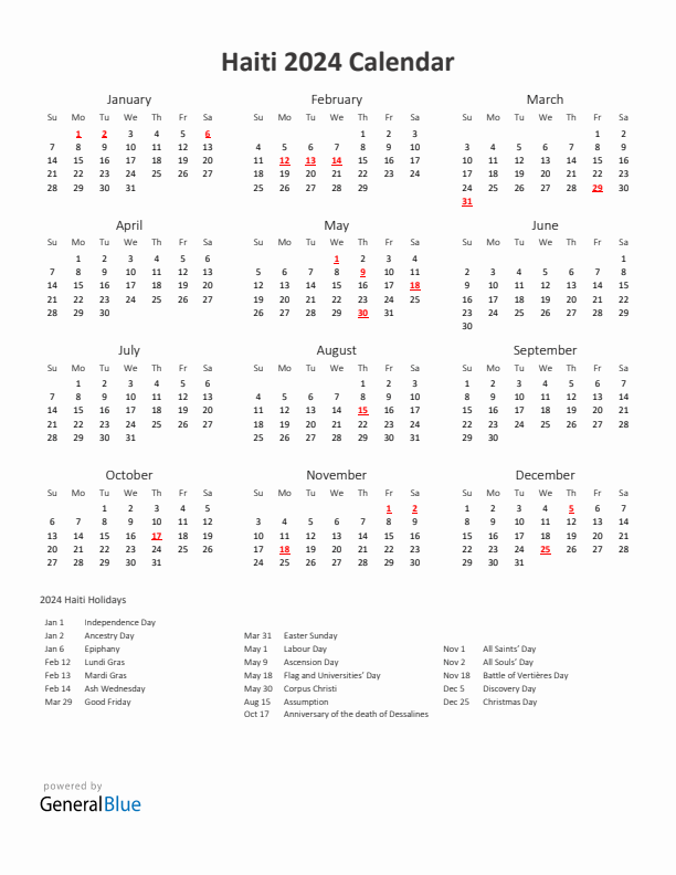 2024 Yearly Calendar Printable With Haiti Holidays