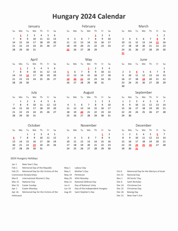 2024 Yearly Calendar Printable With Hungary Holidays