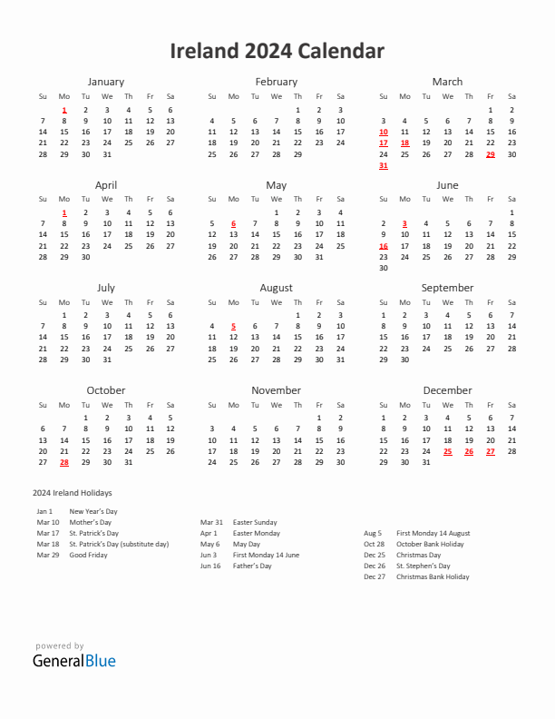 2024 Yearly Calendar Printable With Ireland Holidays