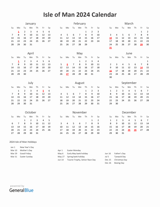 2024 Yearly Calendar Printable With Isle of Man Holidays