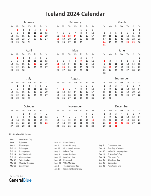 2024 Yearly Calendar Printable With Iceland Holidays