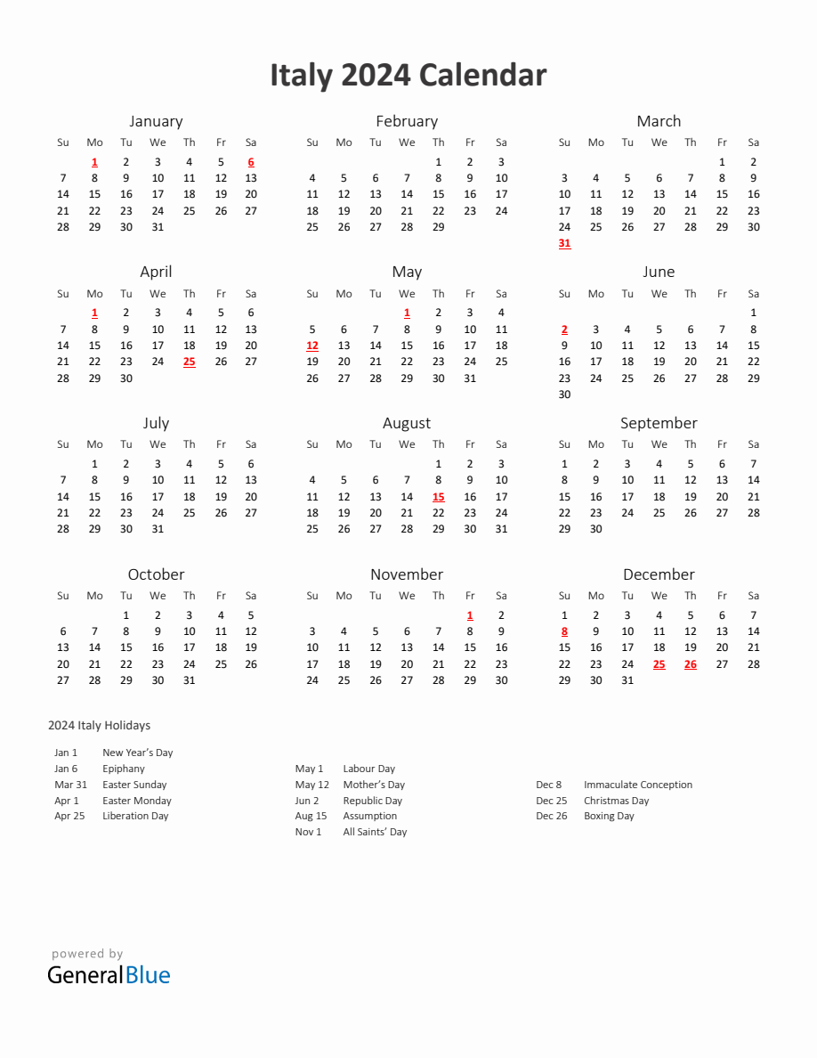 2024 Yearly Calendar Printable With Italy Holidays