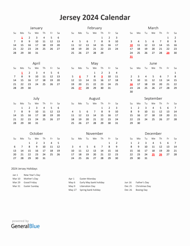 2024 Yearly Calendar Printable With Jersey Holidays