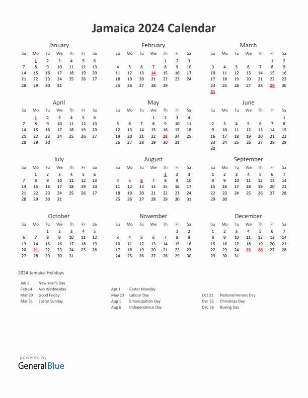 2024 Yearly Calendar Printable With Jamaica Holidays