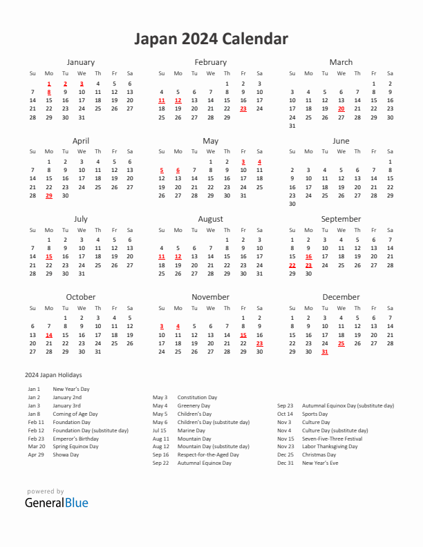 2024 Yearly Calendar Printable With Japan Holidays