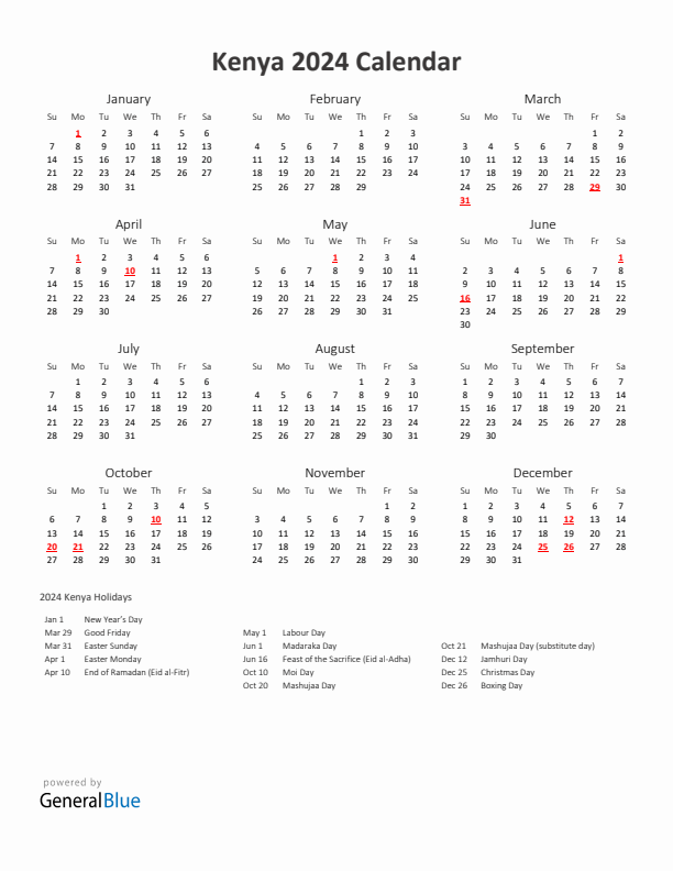 2024 Yearly Calendar Printable With Kenya Holidays