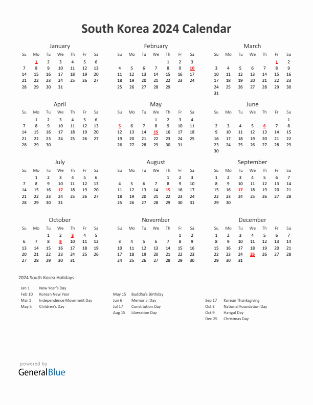 2024 Yearly Calendar Printable With South Korea Holidays