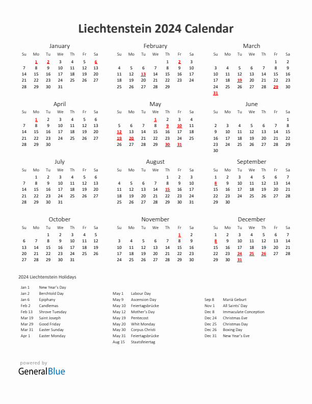 2024 Yearly Calendar Printable With Liechtenstein Holidays