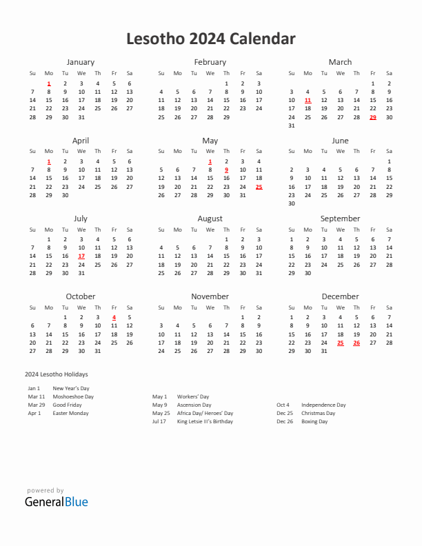 2024 Yearly Calendar Printable With Lesotho Holidays